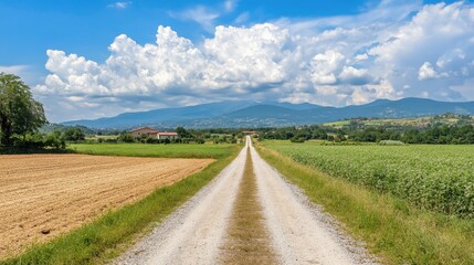 Fototapeta premium A straight, empty rural road under dramatic storm clouds, with fields stretching endlessly on either side.