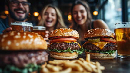 Friends enjoy burgers and drinks at a cozy restaurant during evening hours
