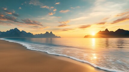 Fototapeta premium Idyllic beach scene with gentle waves washing over the sand during golden hour, the sky ablaze with radiant sunset tones, 8 megapixels, highly detailed and ultra-realistic, 