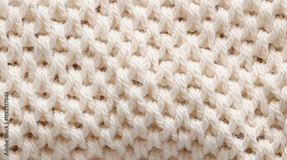 Poster closeup of woolen fabric featuring intricate crochet stitch pattern in soft cream color for textiles