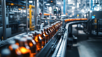Amber Bottles On A Conveyor System In A High-Tech Manufacturing Plant, Highlighting Beverage Industry Automation. Generative AI