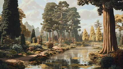 Obraz premium Depiction of arboretums towering trees and curated plant collections in serene landscapes