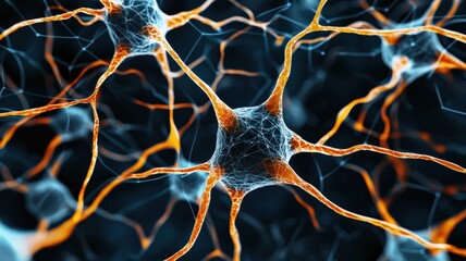 machine learning deep learning optimization concept. Neurons interconnected with glowing fibers against a dark background, illustrating brain connectivity and activity.