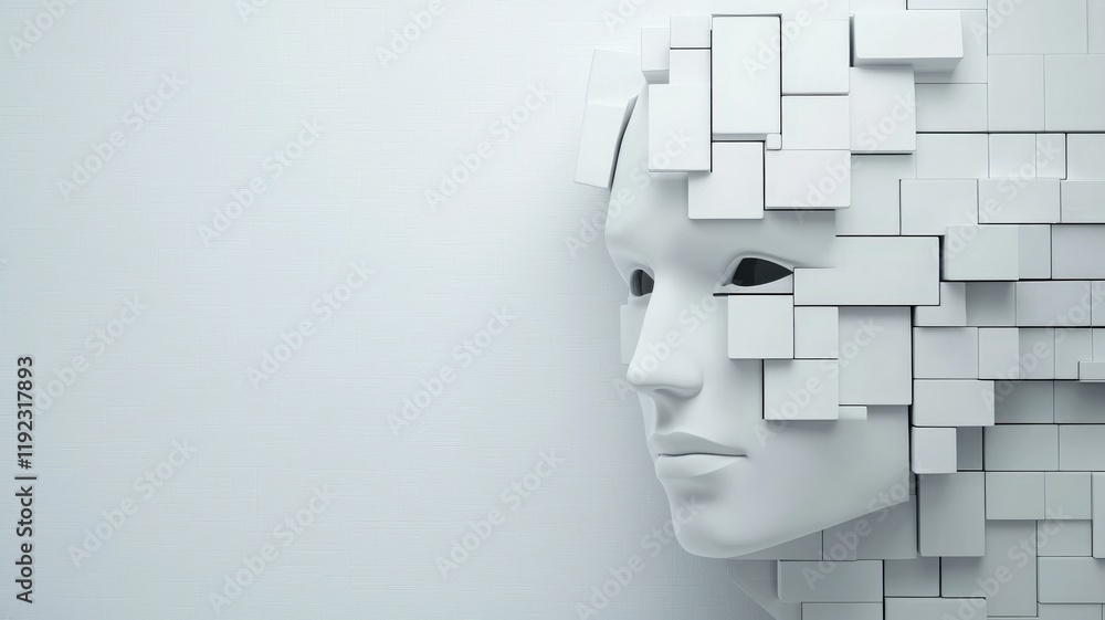 Poster machine learning deep learning optimization concept. abstract white face with geometric shapes, symb