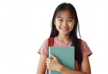 Smiling young asian student girl with book isolated on transparent background