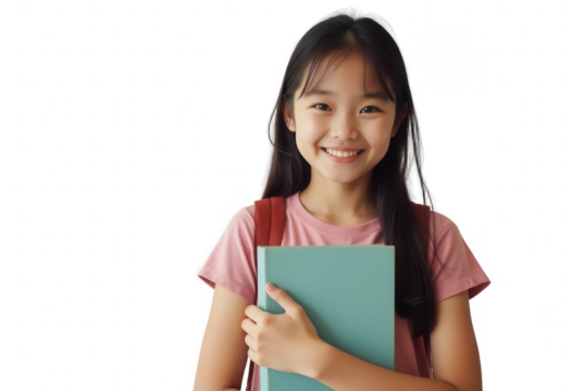 Smiling young asian student girl with book isolated on transparent background