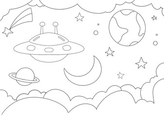 UFO Coloring Page in Galaxy with Stars, Moon, and Planets. A4 coloring page ready to print © farahsekarr’sstudio