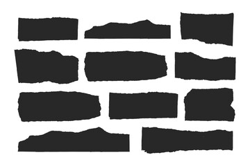 Torn long strips of paper with uneven edges, Oblong black scotch tapes, vintage silhouette stickers torn edge, Vector illustration.