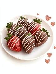A plate of chocolate-dipped strawberries, beautifully decorated with white chocolate drizzle, perfect for a sweet treat or romantic occasion.