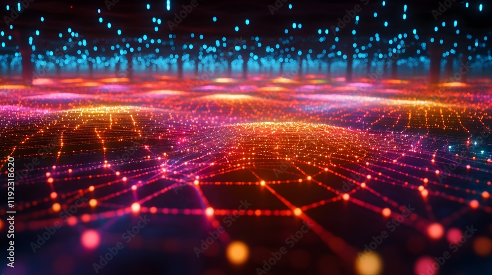 Poster dynamic digital landscape of interconnected data points virtual space abstract visualization high-te