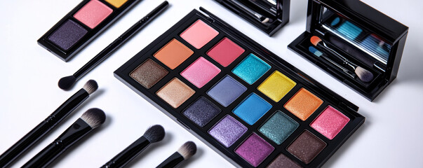 High resolution flat lay of premium makeup tools, including colorful eyeshadow palettes and brushes, showcasing vibrant shades and textures for beauty enthusiasts
