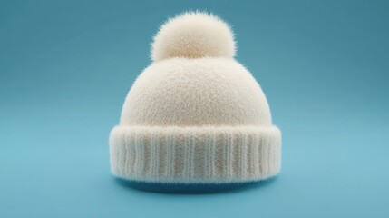 Fluffy winter hat in soft white, placed against a frosty blue background, evoking a cozy winter feel.