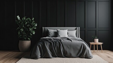 The master bedroom of an apartment in Minsk features a bed with gray fabric and a wooden headboard against a wall made from light wood slats