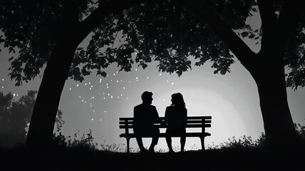 Romantic Couple Sitting on a Park Bench, Silhouetted Lovers on a Bench Under the Night Sky,A Man and Woman Sharing a Moment on a park Bench,Heartfelt Conversations on a Bench at Dusk