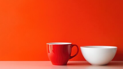 Glossy red cup paired with a white bowl on a bold orange background, playful and striking.