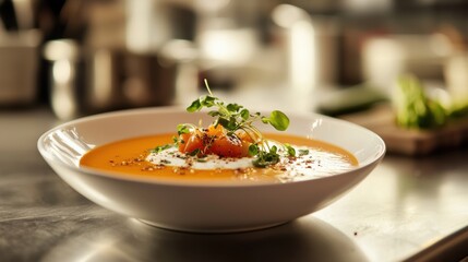 Gourmet tomato soup recipe kitchen food photography contemporary close-up culinary delight