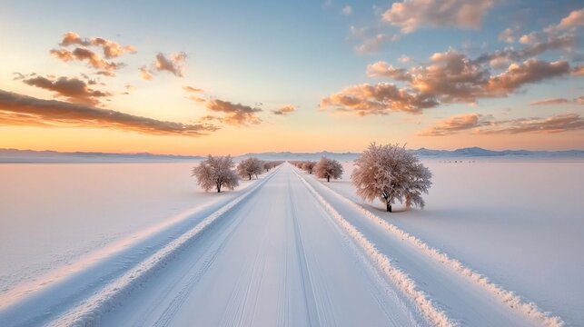 Snowfall power storm concept. A serene winter landscape featuring a snow-covered road lined with trees under a colorful sunset sky.