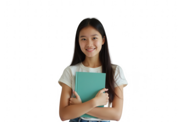 Young asian girl in white t-shirt holding a green book while smiling. Studio portrait on transparent background. Education and learning concept.