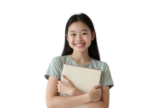 Smiling Asian Student Holding a Notebook Isolated on Transparent Background