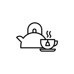 Teapot with teabag on cup icon Thin line art isolated