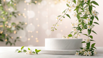 Bright white podium adorned with trailing jasmine flowers