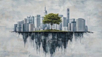 Surreal Cityscape with Tree and Floating Island Above City Skyline