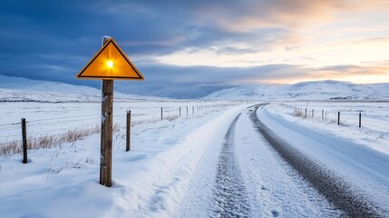 Snowfall power storm concept. A snow-covered road with a warning sign illuminated by a soft sunset, surrounded by rolling hills under a dramatic sky.