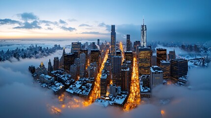 Obraz premium Snowfall power storm concept. A stunning aerial view of a snow-covered city skyline emerging from mist, showcasing illuminated streets at dawn.