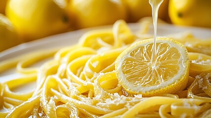 Lemon Juice Drizzled over Fresh Pasta with Salt and Lemon Slices.