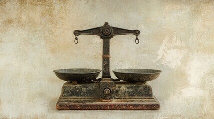 Old-fashioned weight scales with cast iron construction, placed on a light beige background, highlighting vintage charm.