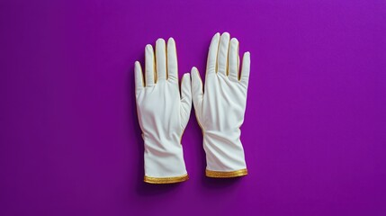Obraz premium Pair of white gloves with a golden trim, isolated on a royal purple background, luxurious composition.