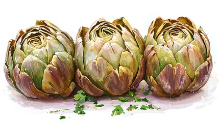 Obraz premium Three Artichokes with Parsley, Artistic Digital Painting.