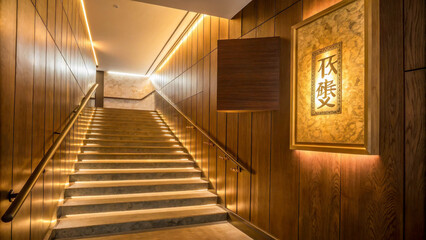 Fototapeta premium A stairwell filled with warm golden light. The walls are decorated with dark wood and smooth gold panels, soft glow, minimalist design.