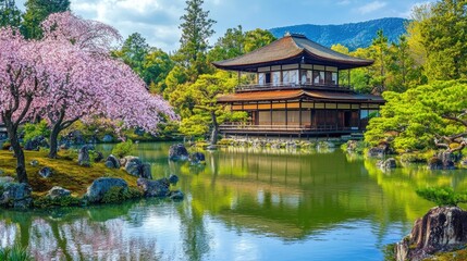 Sakura blossoms against a traditional Japanese temple backdrop, serene atmosphere.