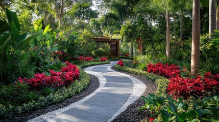 Serpentine Pathway Through Lush Tropical Garden Paradise