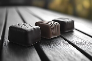 Three chocolate candies on a dark wooden table