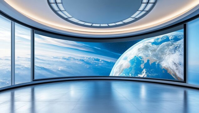 Digital Backdrop for News Production with Interactive World Map, Blue and White Color Scheme, Curved Screen and Reflective Floor - Powered by Adobe