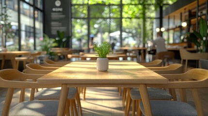 Obraz premium Bright and Modern Cafe Interior with Natural Light and Greenery