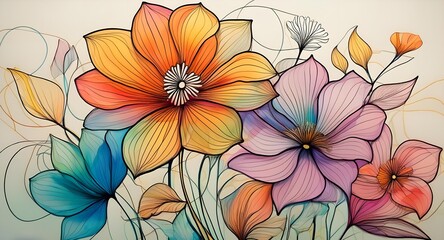 Beautiful artistic depiction of multicolored flowers with intricate linework, vibrant hues, and elegant form on a soft background, highlighting a modern and cheerful design style. Floral wallpaper