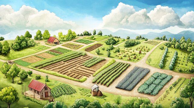 Creative illustration of sustainable farming featuring crop rotation intercropping technique