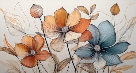 Fototapeta premium Beautiful artistic depiction of multicolored flowers with intricate linework, vibrant hues, and elegant form on a soft background, highlighting a modern and cheerful design style. Floral wallpaper