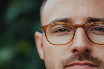 Close-up of a man wearing glasses with thoughtful expression outdoors in soft natural light