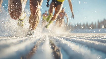 Dynamic athletes sprinting on snowy track, showcasing speed and determination