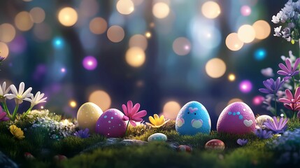 A vibrant spring scene featuring colorful Easter eggs nestled among flowers, illuminated by soft bokeh lights in a magical outdoor setting.