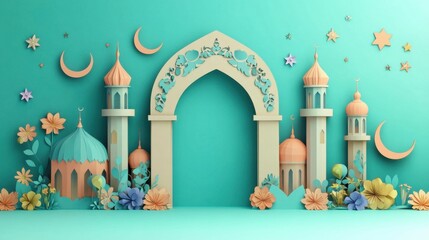 Ramadan Kareem Festive Paper Art: Mosques, Flowers, and Crescent Moons Celebrate Islamic Holiday