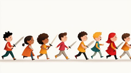 Fototapeta premium Diverse Group of Children Wearing Capes and Holding Swords in a Playful Adventure Celebration Illustration