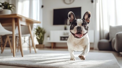 Fototapeta na wymiar Happy French Bulldog running in a bright modern living room during daytime