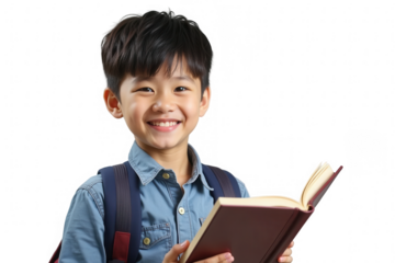 Smiling asian boy with backpack holding an open book, isolated on transparent background. Education and back-to-school concept