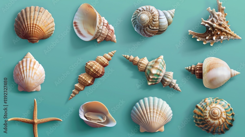 Poster a collection of seashells of various shapes and sizes on a turquoise background.