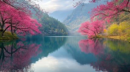View of a tranquil lake surrounded by sakura trees, pink blossoms mirrored in the water.
